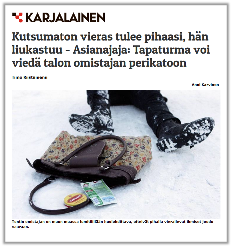 Kuvakaappaus Karjalainen-lehden jutusta otsikolla "Kutsumaton vieras tulee pihaasi, hän liukastuu - Asianajaja: Tapaturma voi viedä talon omistajan perikatoon"