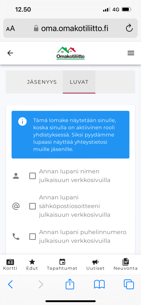 Kuva sähköisestä jäsenkortista lupa-välilehdeltä.