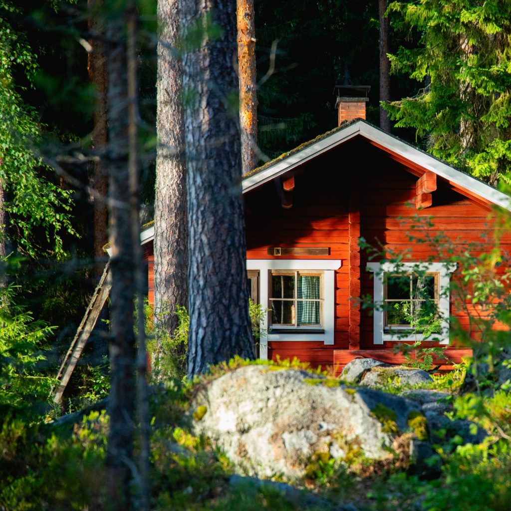 Punainen hirsimökki vehreän metsän keskellä