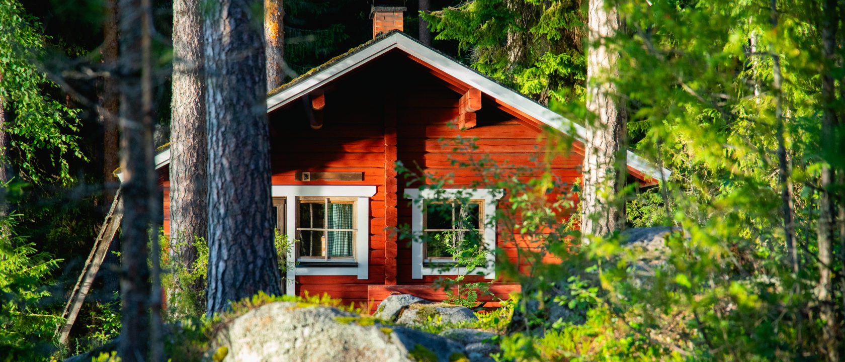 Punainen hirsimökki vehreän metsän keskellä