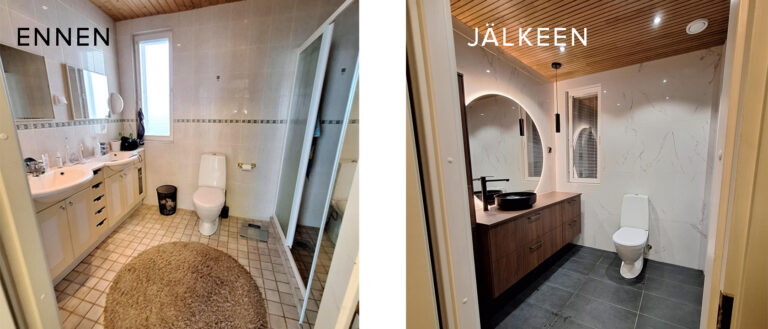 Kylpyhuone ennen ja jälkeen