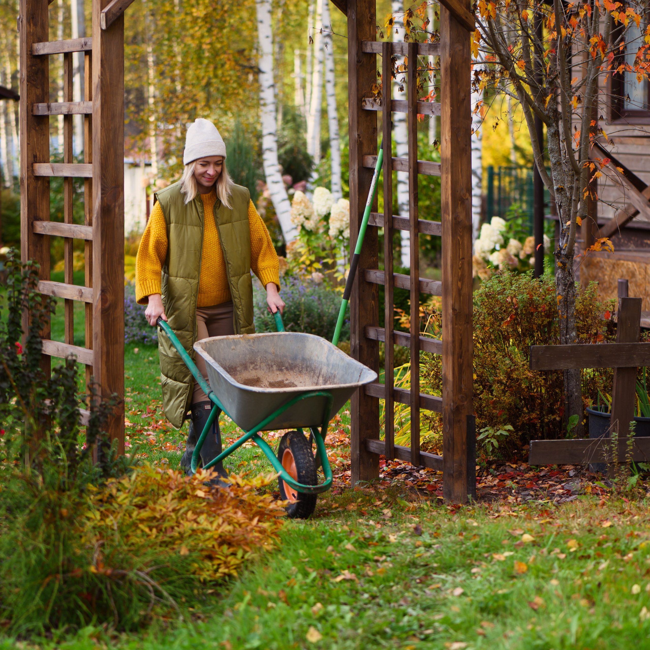 Värikkäästi pukeutunut nainen työntää kottikärryjä syksyisessä puutarhassa.