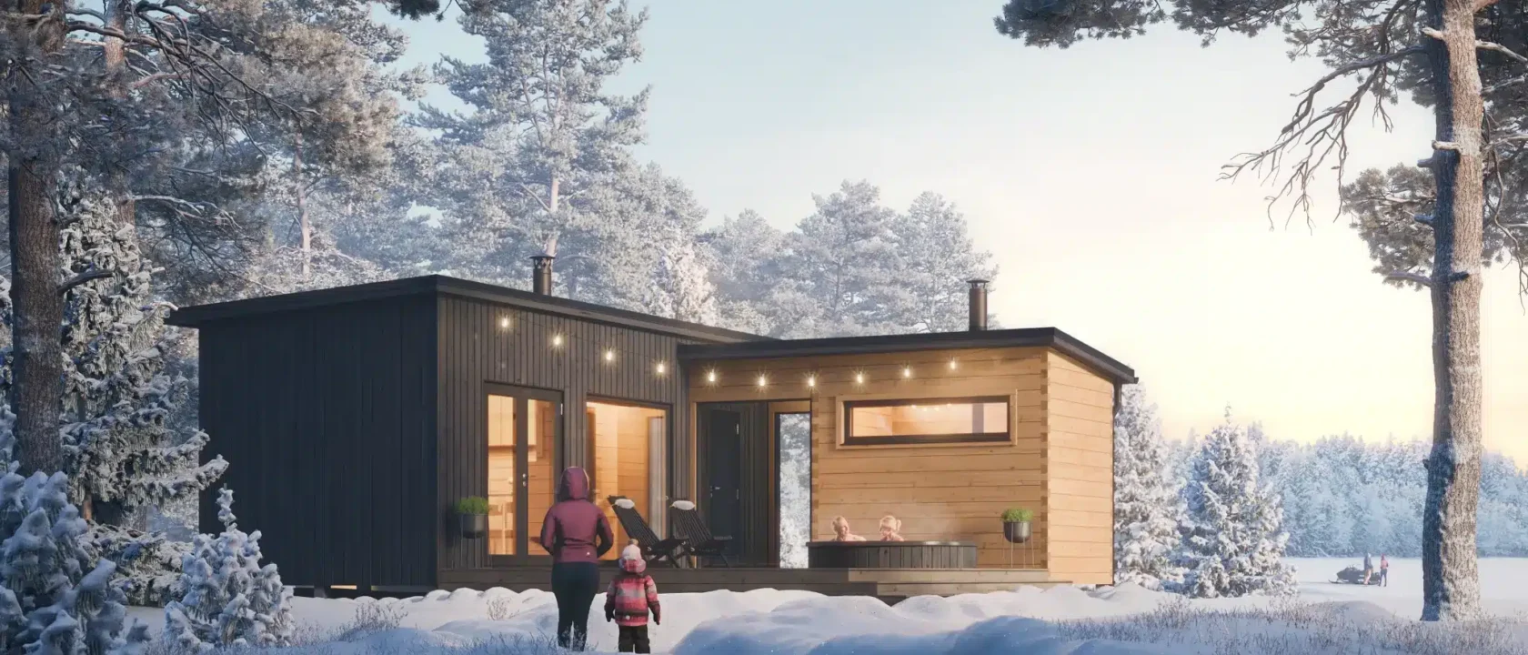 Havainnekuva mökistä talvisessa maisemassa