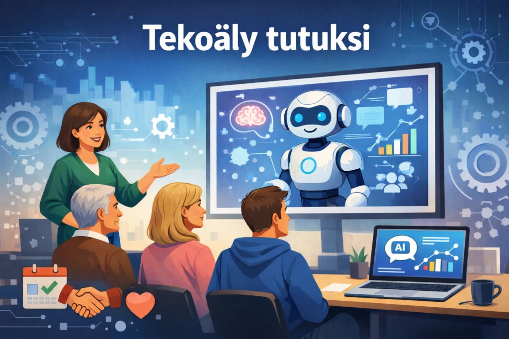 Tekoälyllä luotu kuva, jossa neljä ihmistä katsovat tietokoneen ruudulla olevaa tekoälyrobottia.